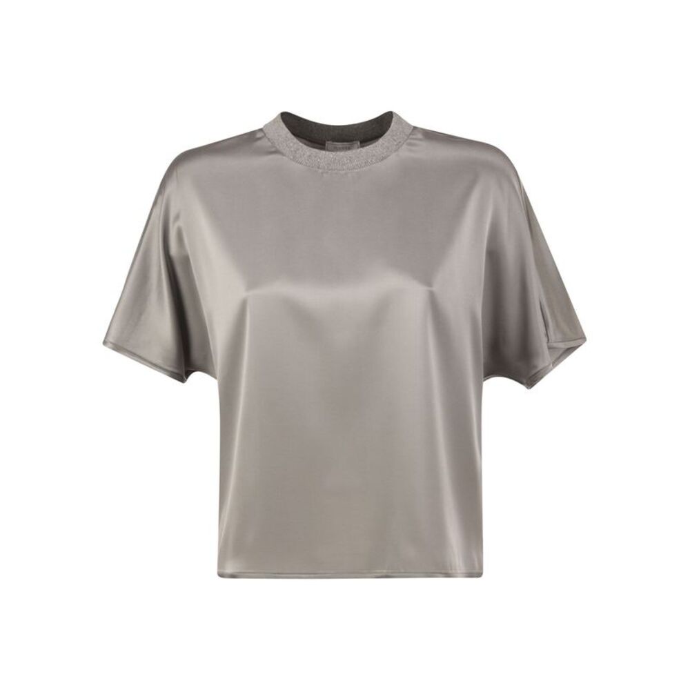 Peserico Women Stretch Silk Blouse With Lurex Knit Neckline
